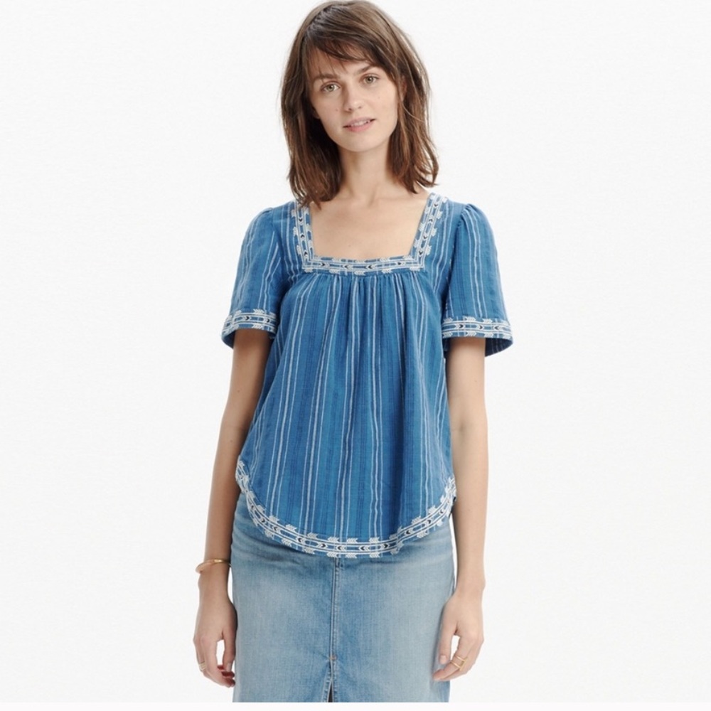 Madewell Embroidered Peasant Sleeve Top Blue Size L